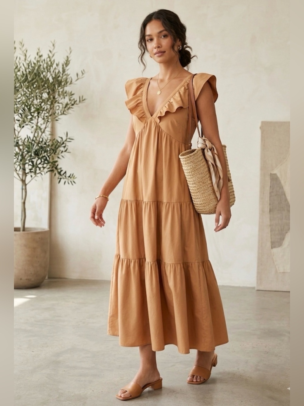 TCEC Ruffle V-Neck Tiered Maxi Dress in Camel